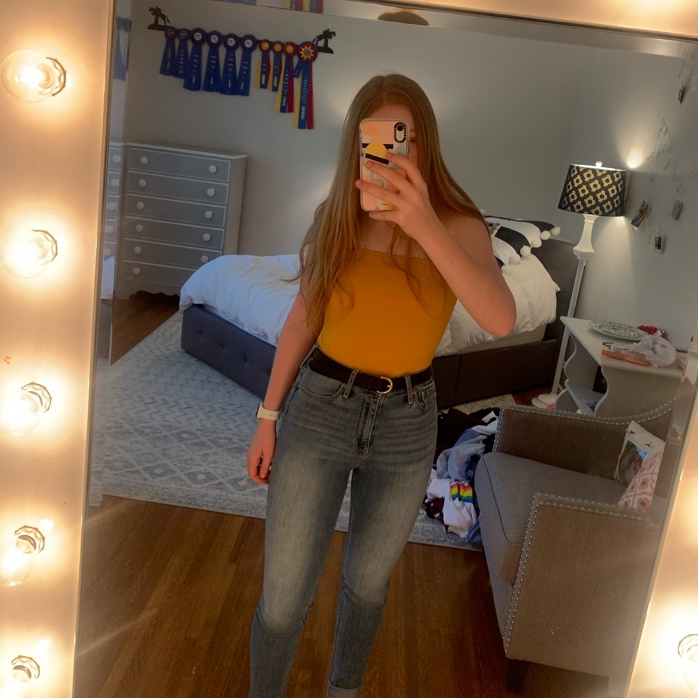 Mustard yellow strapless bodysuit